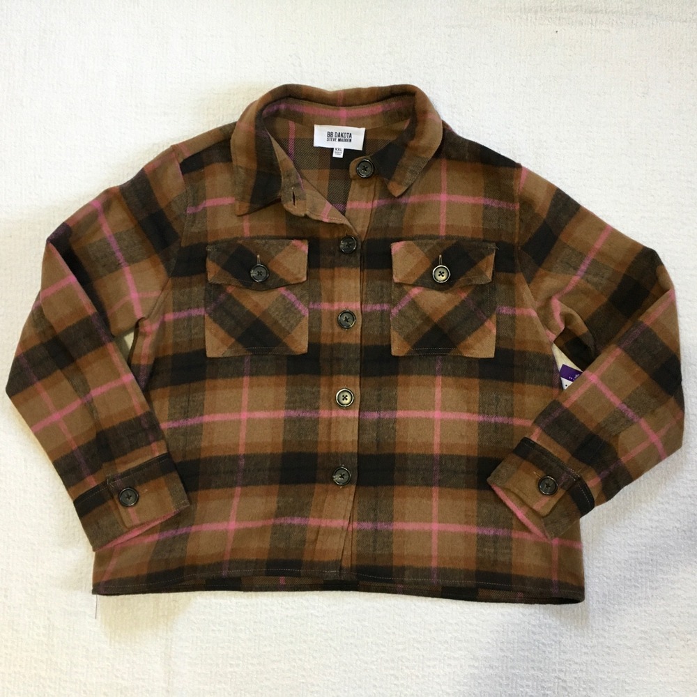 BB Dakota Steve Madden Boxy Shacket Brown Pink Plaid XXL Grunge Streetwear‎